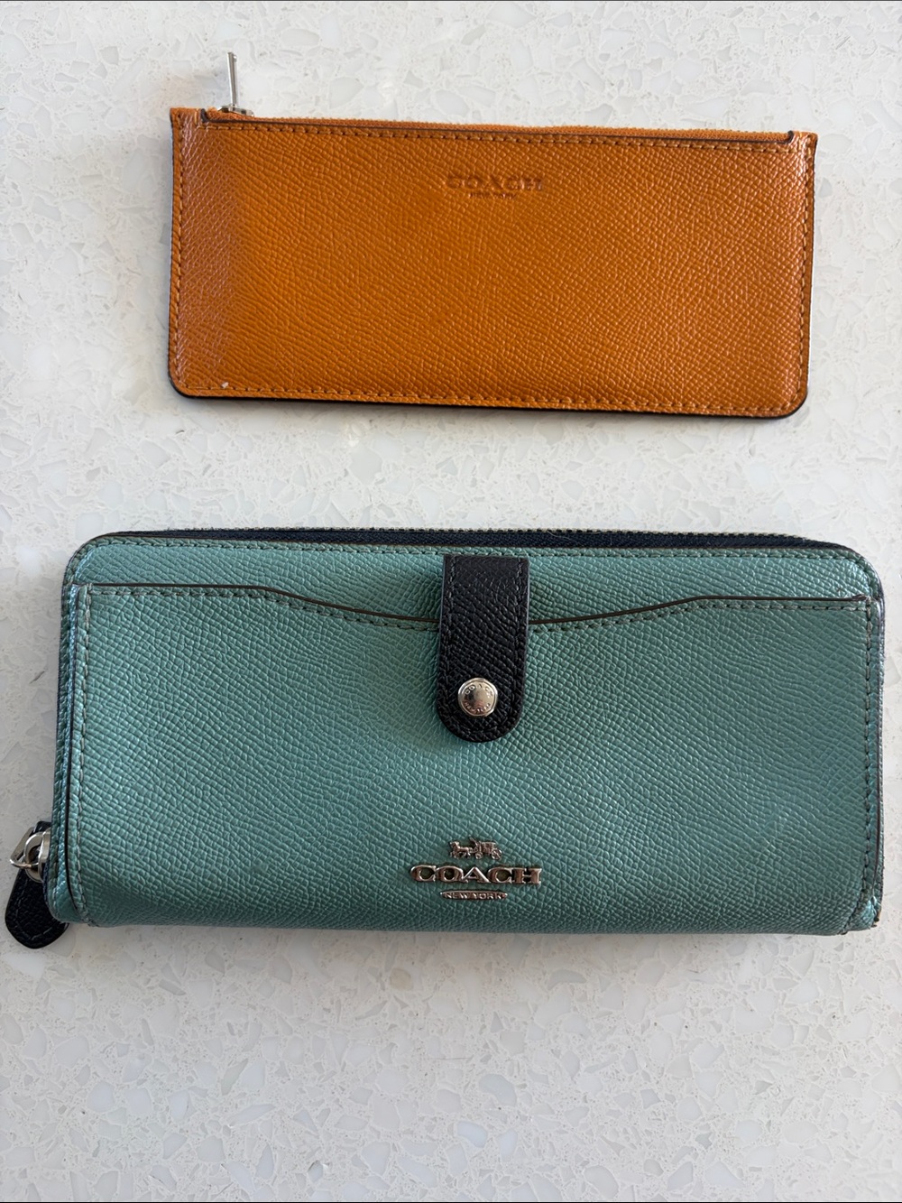 COACH Teal Zip-Around Wallet with Tan Zip Pouch and credit card slots